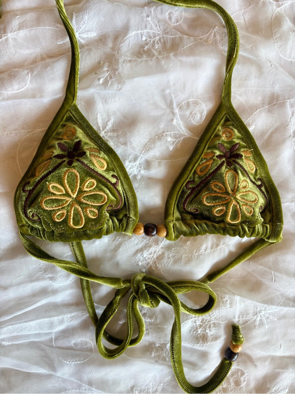 Olive Green Retro Style Beaded Embroidered Velvet Triangle Bikini Top